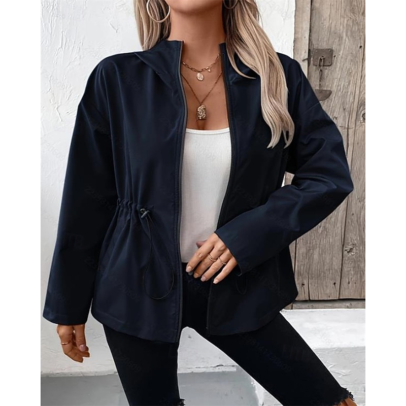 Women's Casual Jacket Waterproof Rain Jackets Rain Coats Waterproof Windproof Zipper Pocket Fashion Outdoor Plain Going out Weekend Zipper Regular Hooded Regular Fit Long Sleeve Outerwear Black Dark3