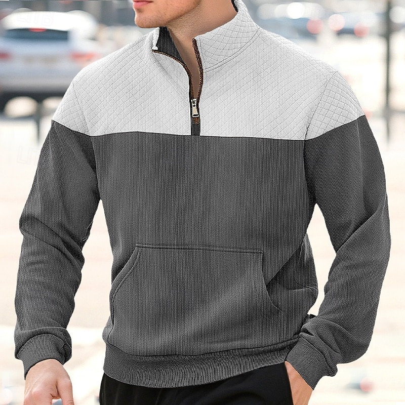 Men's Sweatshirt Waffle Sweatshirt Pullover Hoodie Sweatshirt Pullover Quarter Zip Sweatshirt Army Green Navy Blue Khaki Gray Standing Collar Plain Patchwork Color Block Sports & Outdoor Casual Daily4