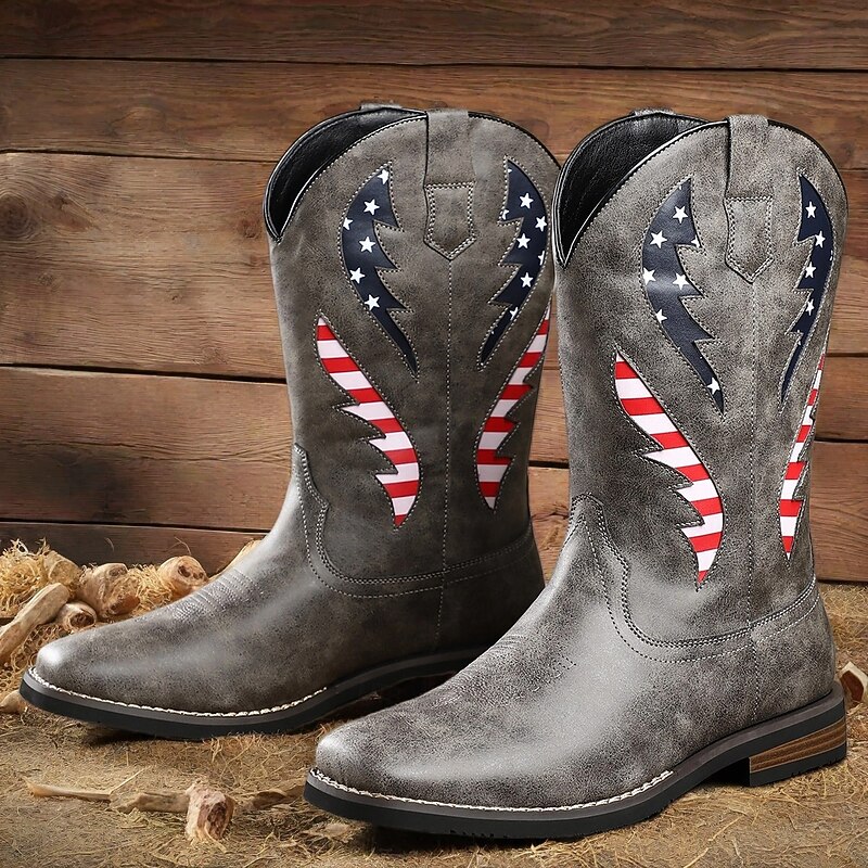 Men's Grey Cowboy Boots with American Flag Embroidery – Western Tall Cowhide Boots for Rodeos, Country Concerts and Independence Day Outfits