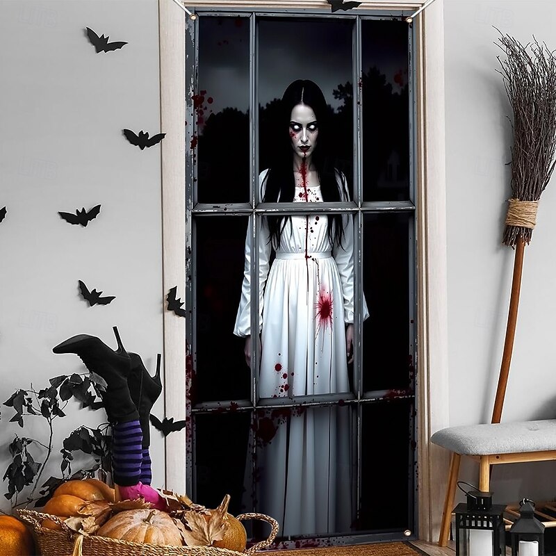 Halloween  Door Covers Scary Bloody Ghost Woman, 2025 Halloween Door Curtain Decoration Backdrop Door Banner for Front Door Farmhouse Holiday Party Indoor Outdoor Decor Supplies4