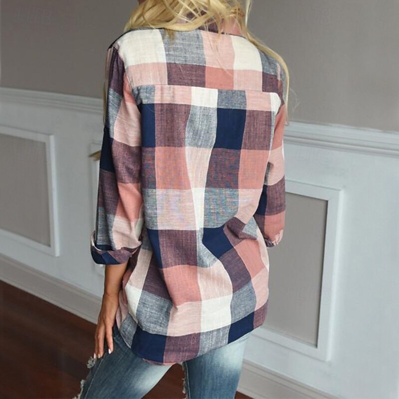 Women's Shirt Blouse Plaid Modern Casual Long Sleeve Shirt Collar Regular Tops Daily Going out Print Blue Orange Fall4