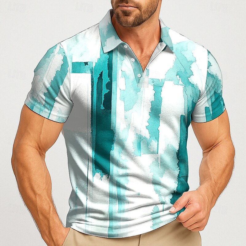 Men's Geometic Polo Short Sleeve Polo Shirts Lapel Casual Athleisure Daily Wear 3D Print Buttons Summer Lake blue Blue Gray3