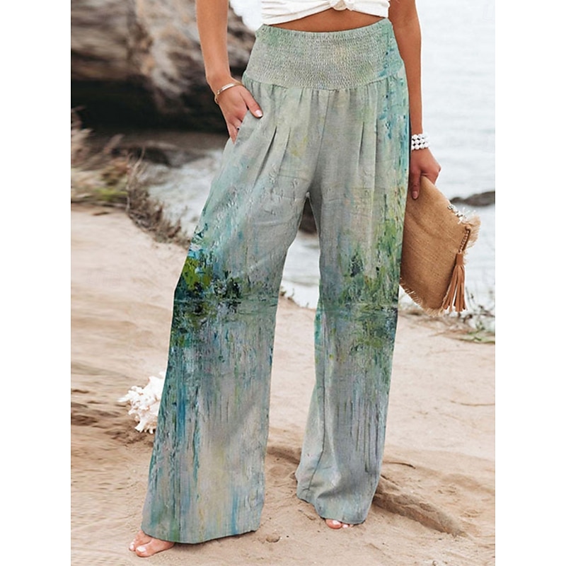 Women's Cotton Linen Pants Wide Leg Chinos Vacation Vintage Ethnic Style Full Length High Waist Floral Pocket Elastic Waist Printing Comfort Outdoor Stretchy Street Causal Daily Grey Red Blue Dark