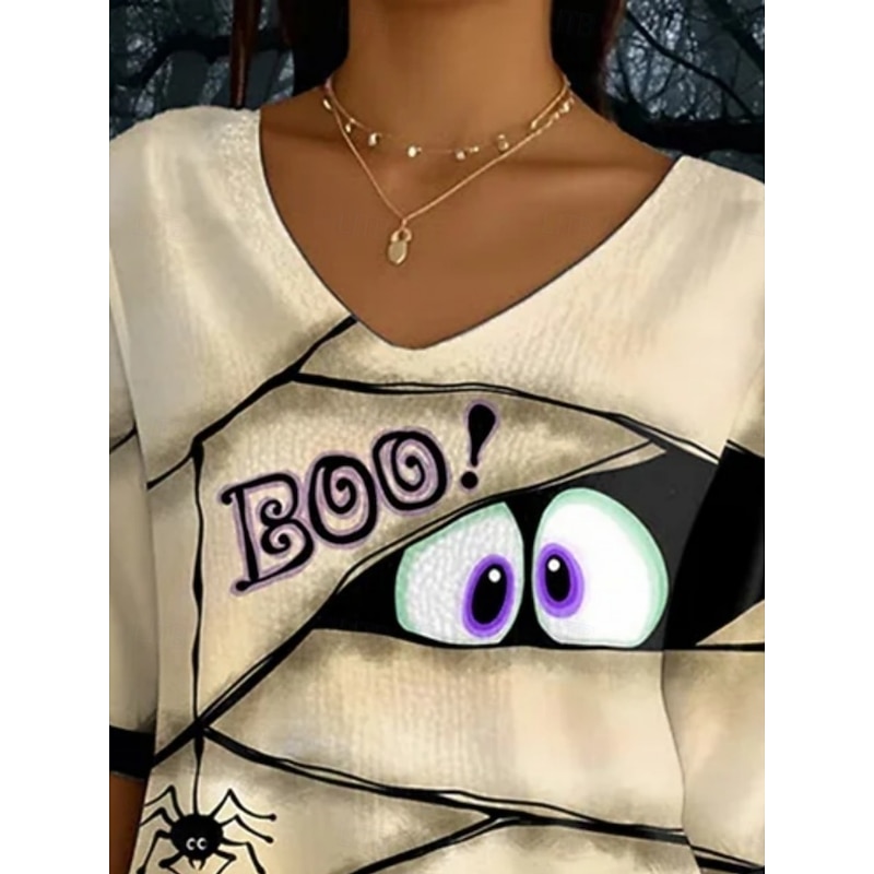 Women's Blouse Graphic Halloween Daily Casual Half Sleeve V Neck Regular Tops Daily Holiday Print Khaki Summer Spring Fall2