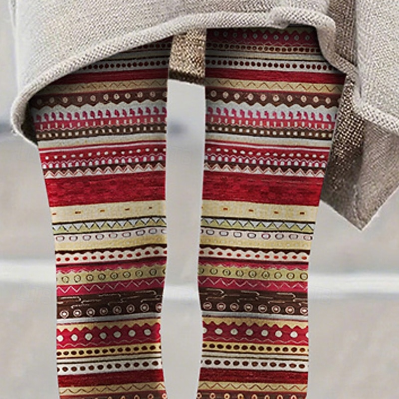 Women's Pants Trousers Leggings Cozy Leggings Vintage Ethnic Style Full Length High Waist Striped Elastic Waist Print Breathability Comfortable Stretchy Vacation Street Daily Wear Dark Red Red Summer3