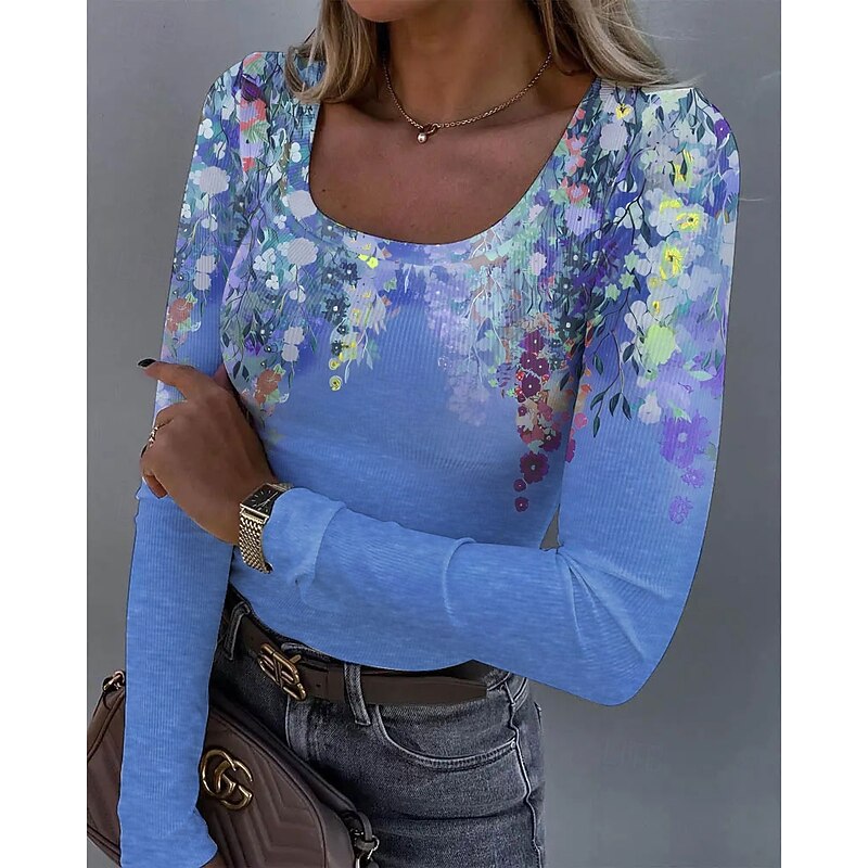 Women's T shirt Long Sleeve Ribbed Graphic Square Neck Long Sleeve Casual Tunic Floral Plants Vintage Stylish Regular Tops Daily Print Pink Blue Purple Orange Green Spring Fall Prefall4