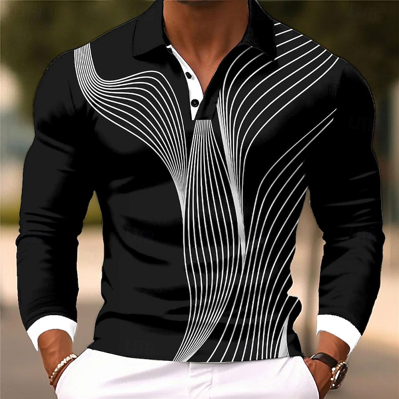 Men's Geometic Line Polo Long Sleeve Polo Shirts Lapel Casual Street Athleisure Daily Wear 3D Print Buttons Spring Fall Winter Black White Red3