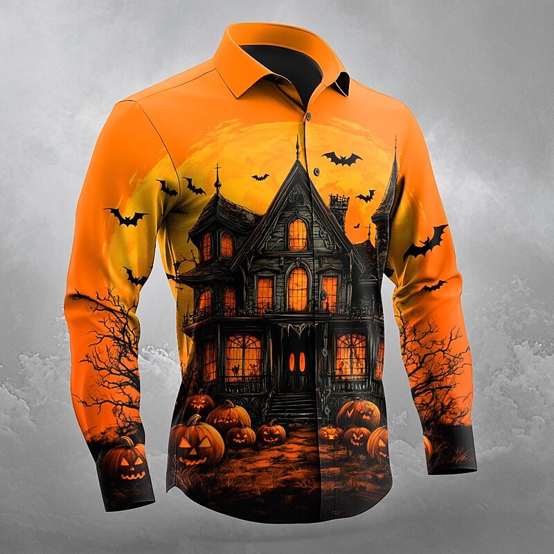 Halloween Men's Pumpkin Haunted House Jack-o'-lantern Shirt Button Up Shirt Long Sleeve Dark Gothic Style Outdoor Holiday Spring Fall Turndown 3D Print Collared Shirts Orange red Orange yellow Black3