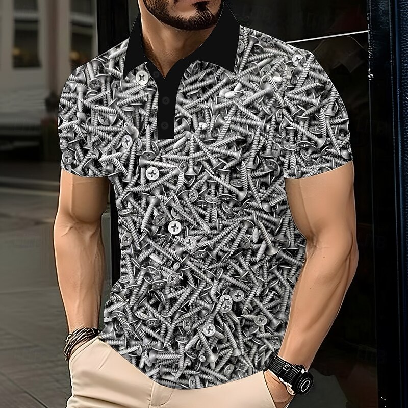 Men's Rivet Polo Short Sleeve Polo Shirts Lapel Casual Athleisure Daily Wear 3D Print Buttons Summer Blue Brown Gray2