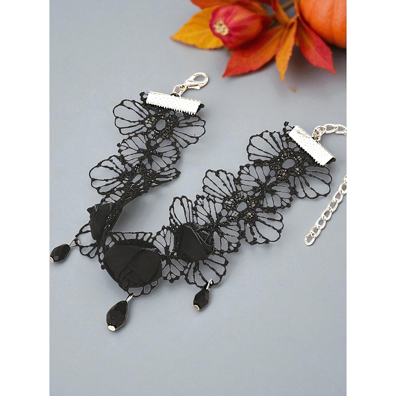 Women's Black Lace Rose Ankle Bracelet with Dangling Beads, Gothic Foot Jewelry for Halloween Parties3
