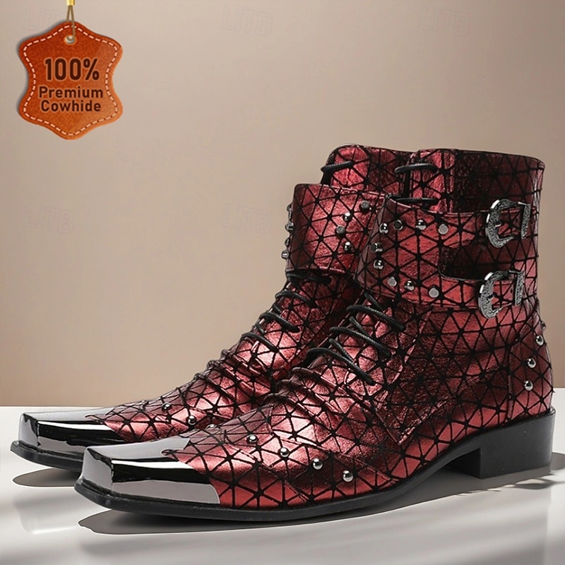 Men's Red Geometric Pattern Lace-Up Boots – Gothic Punk Pointed Toe Ankle Shoes for Concerts, Cosplay and Clubwear