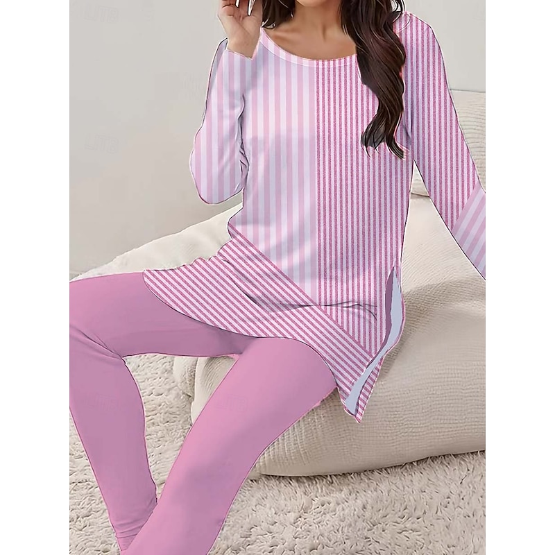 Women's Elegant Vacation Fashion T Shirt Pants Sets Long Sleeve Round Neck Floral Graphic Striped Print Casual Daily Pink Summer Regular Fit2