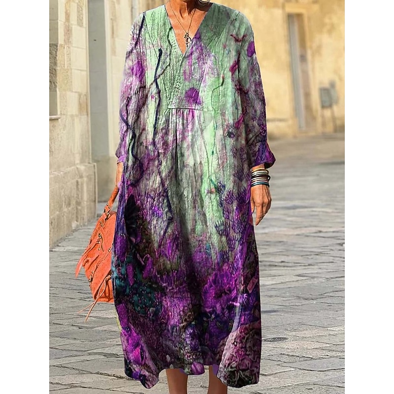 Women's Midi Dress Sundress A Line Dress Vacation Casual Boho Going out Beach Loose Fit Graphic Geometric Long Sleeve V Neck Purple Orange Green Spring Fall Winter Autumn3