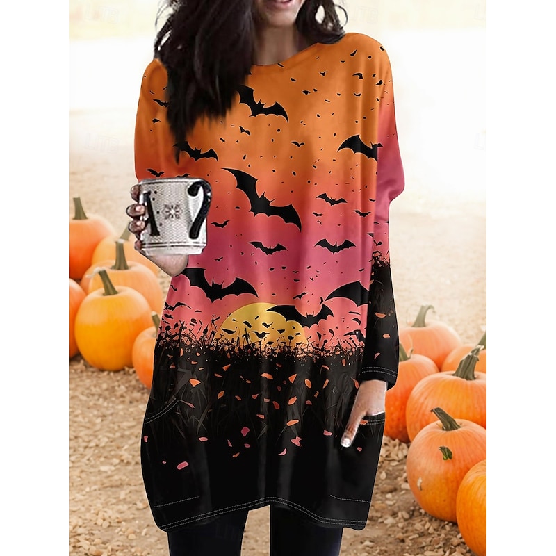 Halloween Women's T shirt Bat Graphic Vintage Fashion Trendy Long Sleeve Crew Neck Long Tops Daily Going out Weekend Pocket Print Pink Blue Purple Orange Spring Fall