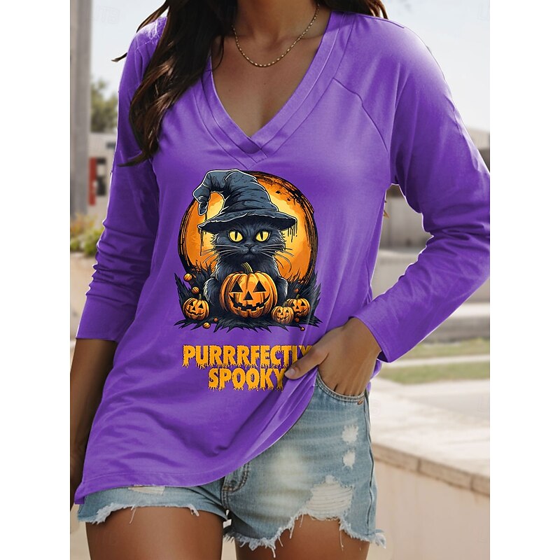 Halloween Women's T shirt Witch Long Sleeve Graphic Cat Pumpkin Vintage Stylish Classic Long Sleeve V Neck Regular Tops Daily Print Pink Blue Purple Orange Spring Fall Prefall2