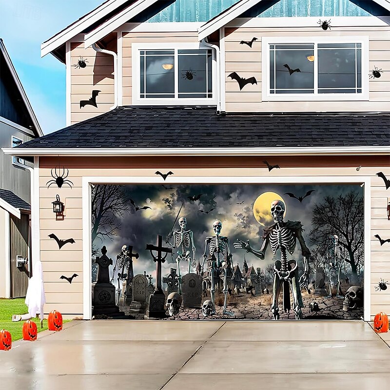 Halloween Garage Door Cover Large Hanging Backdrop Skeleton Cemetery Dark Punk Gothic Style Party Outdoor Shooting Backgrounds Yard Haunted House Home Decor3