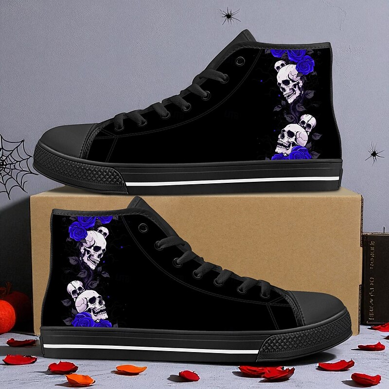 Men's Skull and Rose High-Top Canvas Sneakers – Gothic Punk Lace-Up Casual Shoes for Halloween, Parties and Everyday Fashion
