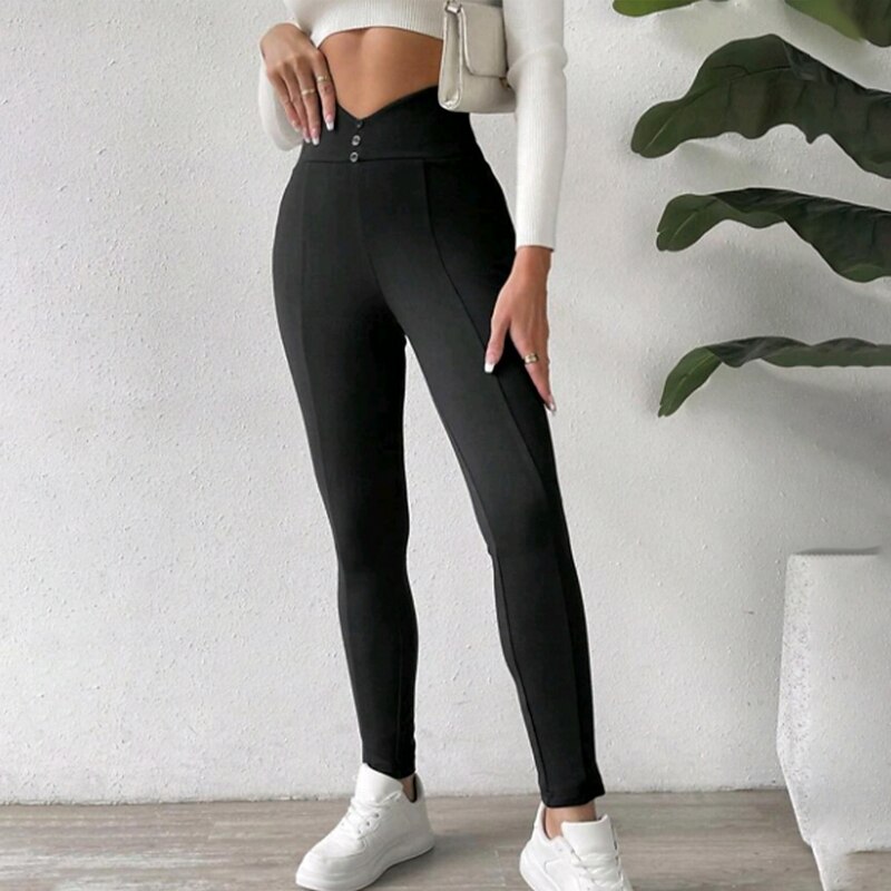 Women's EU / US Size Skinny Cozy Fleece Lined Cozy Leggings Chino Plus velvet Full Length High Waist Plain Buckle Warm Sports Micro-elastic Sports & Outdoor Daily Wear Black 1# Fall Winter Skinny2