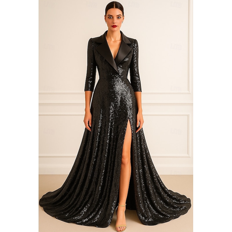 Tuxedo Dress A-Line Formal Wedding Wedding Guest Sequin Glitter Elegant 3/4 Sleeve Pleated Floor Length Notched Lapels3