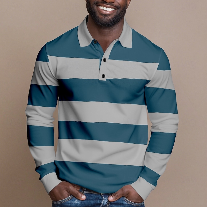 Men's Horizontal Stripes Cable Knit Polo Rugby Polo Shirts Long Sleeve Polo Shirts Collared Shirts Casual Outdoor Athleisure 3D Print Buttons Spring Fall Red Blue Green2