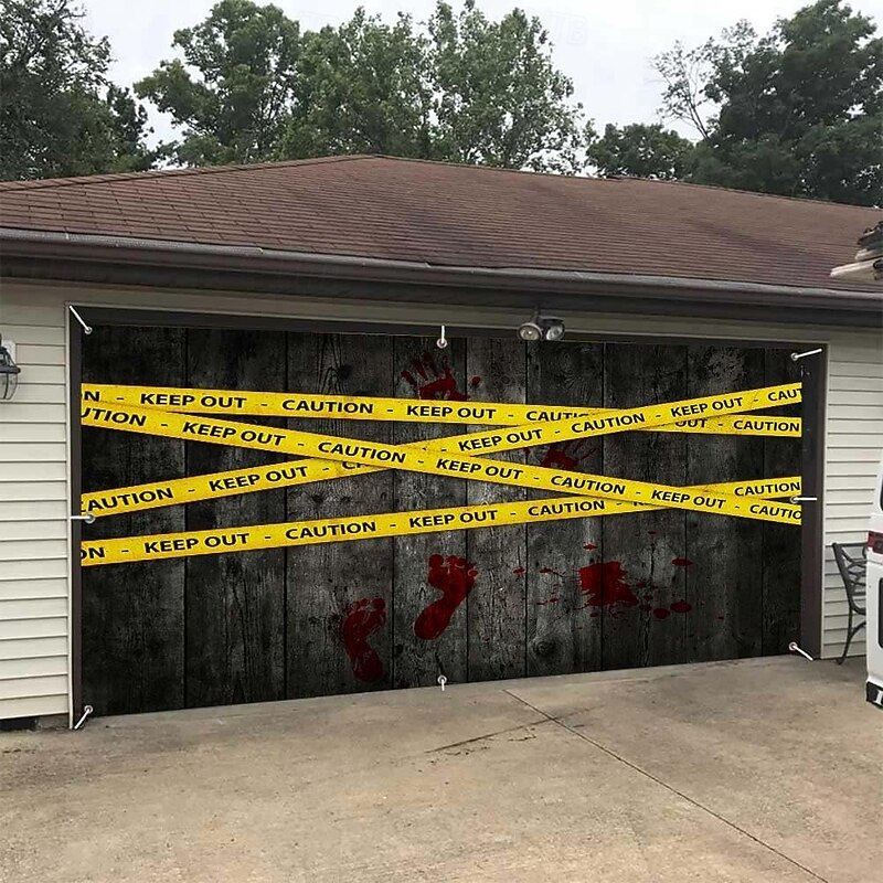 Halloween Tapestry Garage Door Cover Large Hanging Backdrop Caution Tape Bloody Handprints Modern Dark Punk Gothic Style Party Outdoor Shooting Backgrounds Yard Haunted House Home Decor3