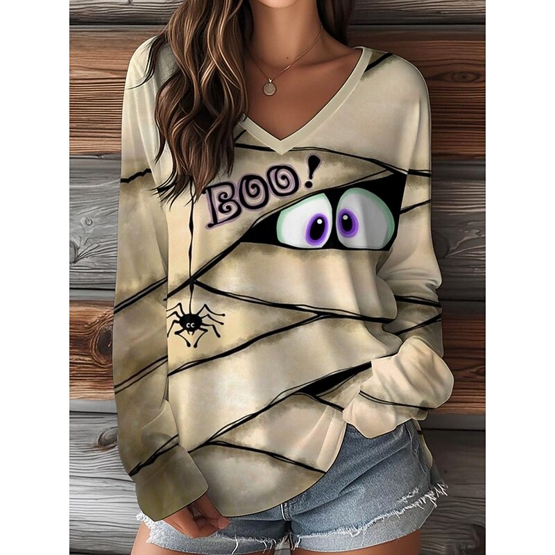 Halloween Women's T shirt Monster Graphic Pumpkin Vintage Stylish Classic Long Sleeve V Neck Regular Tops Daily Weekend Print Orange Khaki Fall Winter