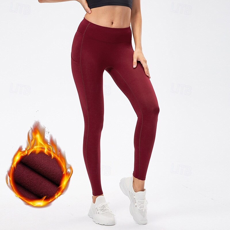 Women's Fleece Yoga Leggings Fleece Capris Leggings with Pockets Warm Gym Athletic Sports Bottoms Solid Color Black Army Green Burgundy Lycra Fall Sports Activewear2