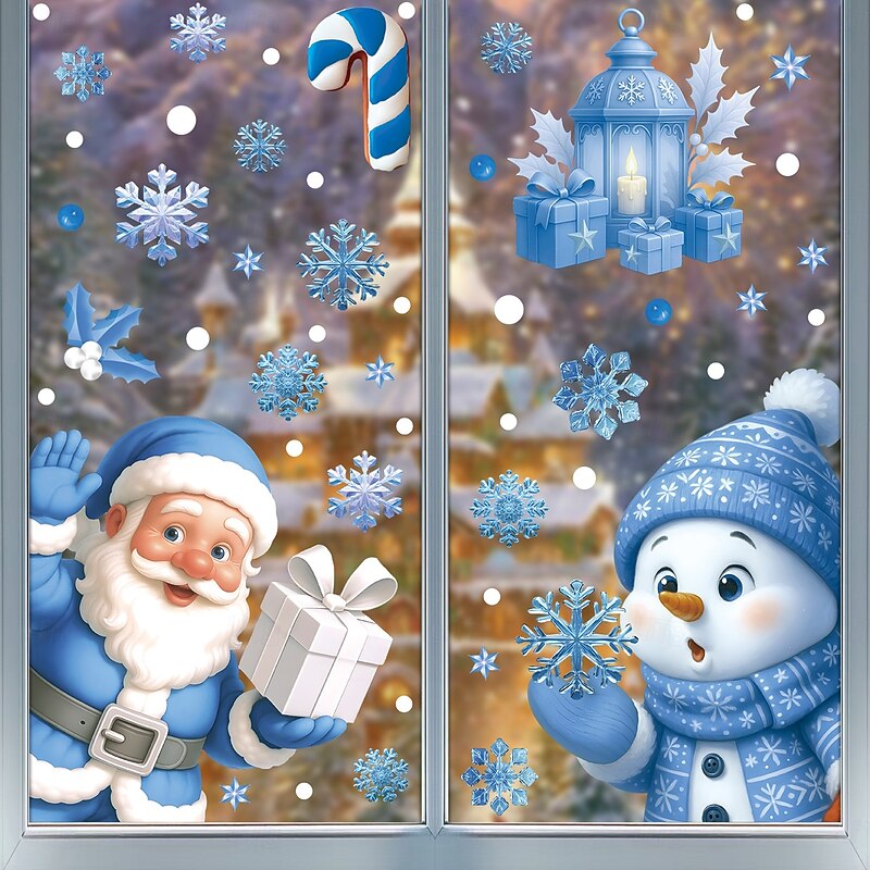 9 Sheets Christmas Window Cling Wall Sticker Decals Decorations, Creative Cartoon Santa Claus, Bells, Snowflakes & Snowmen, Static Cling, New Holiday Home & Store Decor4