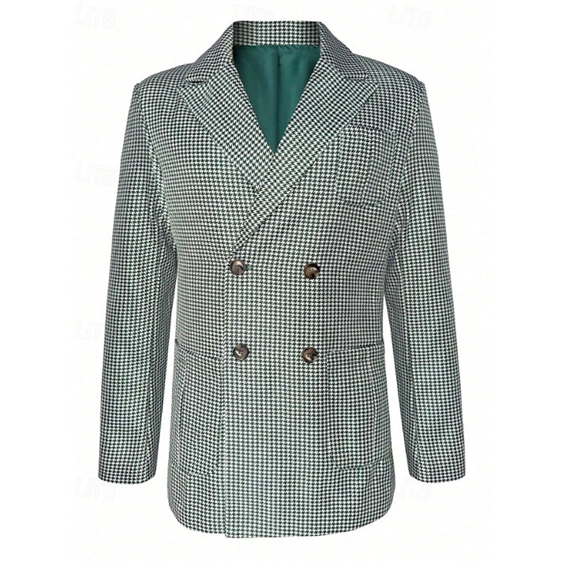 Men's Blazer Business Cocktail Party Wedding Party Fashion Casual Spring Fall Polyester Houndstooth Pocket Buttons Comfortable Double Breasted Blazer Green3