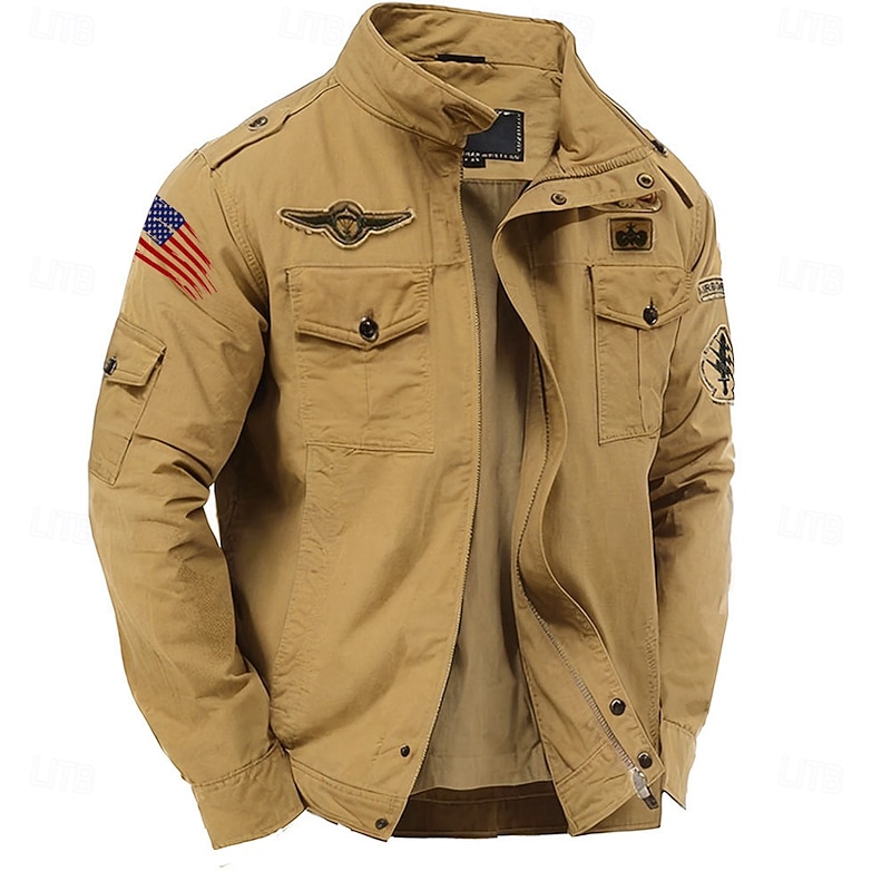 Men's Cotton Embroidered Military Jacket Windbreaker with Shoulder Straps Long Sleeve Standing Collar Multi-Pockets Trucker Jacket American US Flag Print Tactical Outerwear
