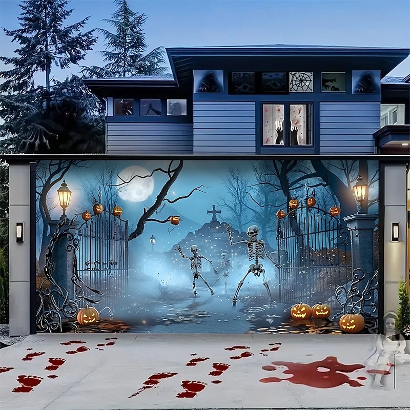 Halloween Garage Door Cover Dancing Skeletons Banner Cemetery Gate Scene with Pumpkin Lanterns Spooky Haunted Graveyard Backdrop Tapestry for Outdoor Decoration