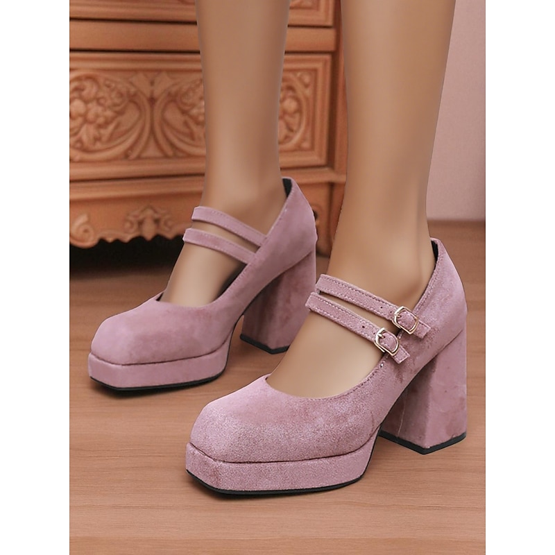 Women's Pink Suede Mary Jane Platform Heels – Double Strap 1950s Retro Block Heel Pumps for Vintage-Themed Events, Fashion Enthusiasts and Daily Elegance - Main Image