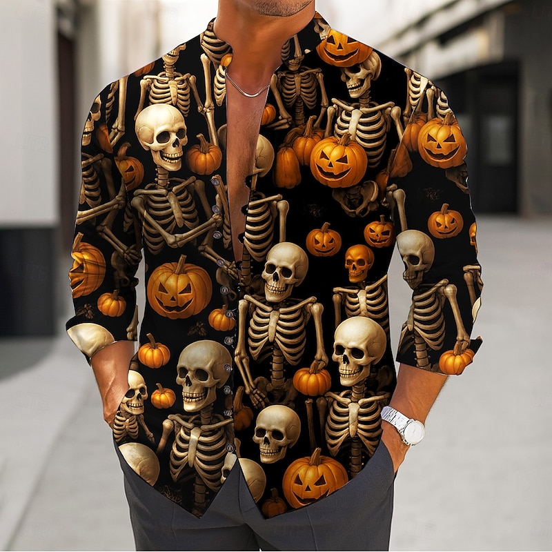 Halloween Men's Skull Skeleton Halloween Costumes Shirt Stand Collar Shirt Long Sleeve Dark Gothic Style Outdoor Holiday Spring Fall Mandarin Collar Band Collar Button-Down Linen Like Shirt Black
