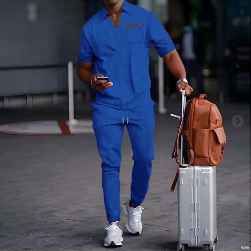 Men's Hoodies Set V Neck Lapel Casual Daily Softshell Solid / Plain Color Black White Royal Blue non-printing Activewear Casual Daily Fall2