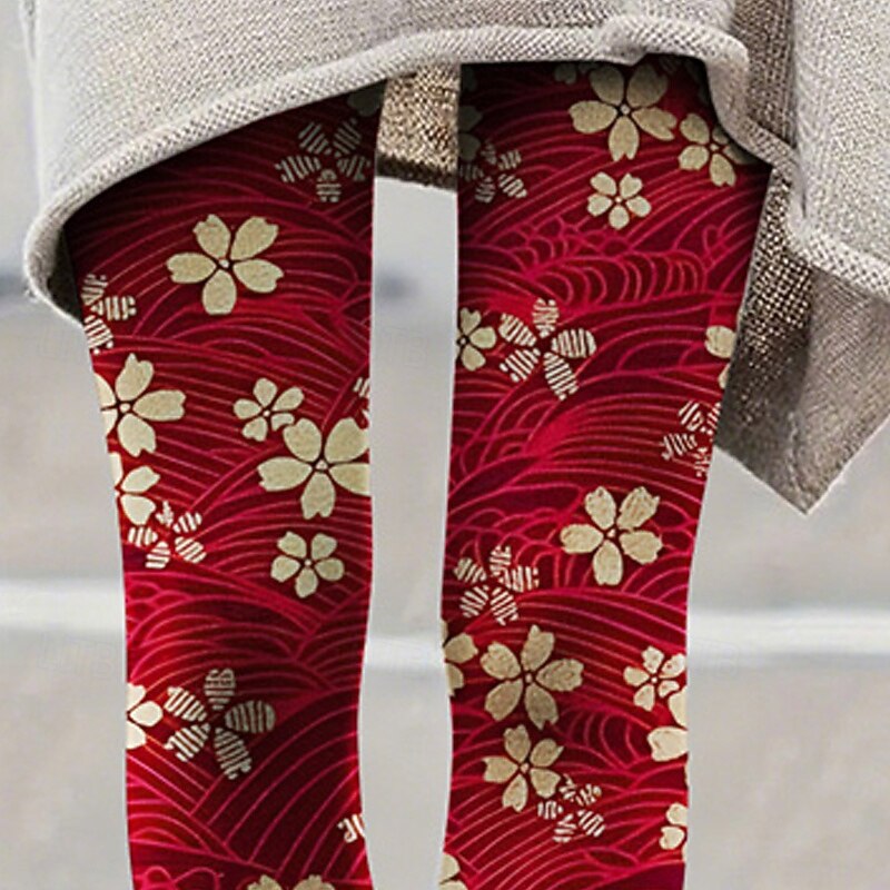 Women's Pants Trousers Leggings Cozy Leggings Streetwear Casual Full Length High Waist Floral Elastic Waist Print Breathability Comfortable Stretchy Vacation Street Daily Wear Red Summer Spring Fall2