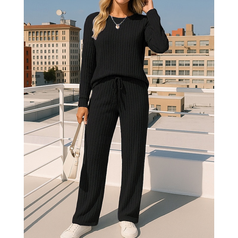 Women's Knitted Suit Lounge Suits Solid Colored Clothing Suit Fall Black Burgundy Outdoor Travel Sports High Waist Long Sleeve Sport Activewear Micro-elastic Regular Fit4