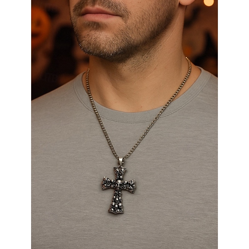 Men's Halloween Skull - Embedded Cross Pendant Necklace, Gothic Style, Ideal for Festive Parties & Daily Edgy Looks