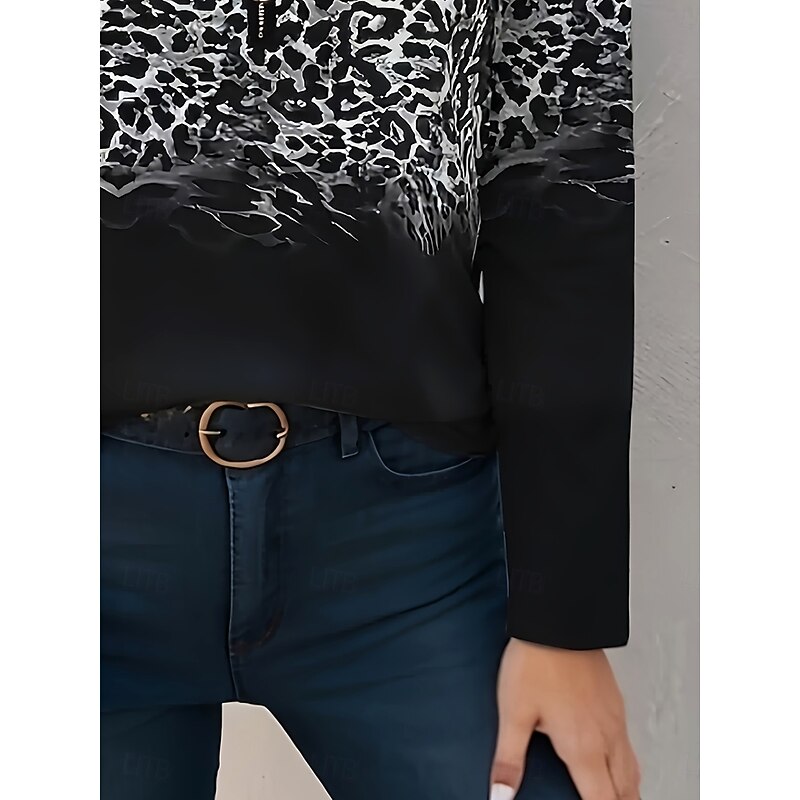 Women's T Shirt Ombre Graphic Leopard Elegant Vintage Stylish Long Sleeve V Neck Round Neck Notched Neck Regular Tops Daily Weekend Zipper Print Black Spring Fall Winter3