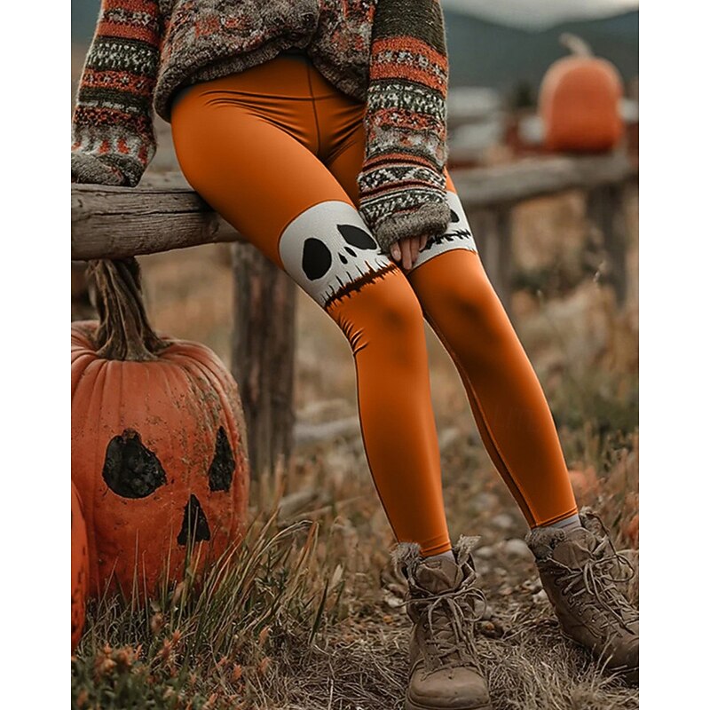 Women's Pants Trousers Leggings Cozy Leggings Streetwear Casual Full Length High WaistPantsHalloween Skull Elastic Waist Print Breathability Comfortable Stretchy Vacation Street Daily Wear Yellow