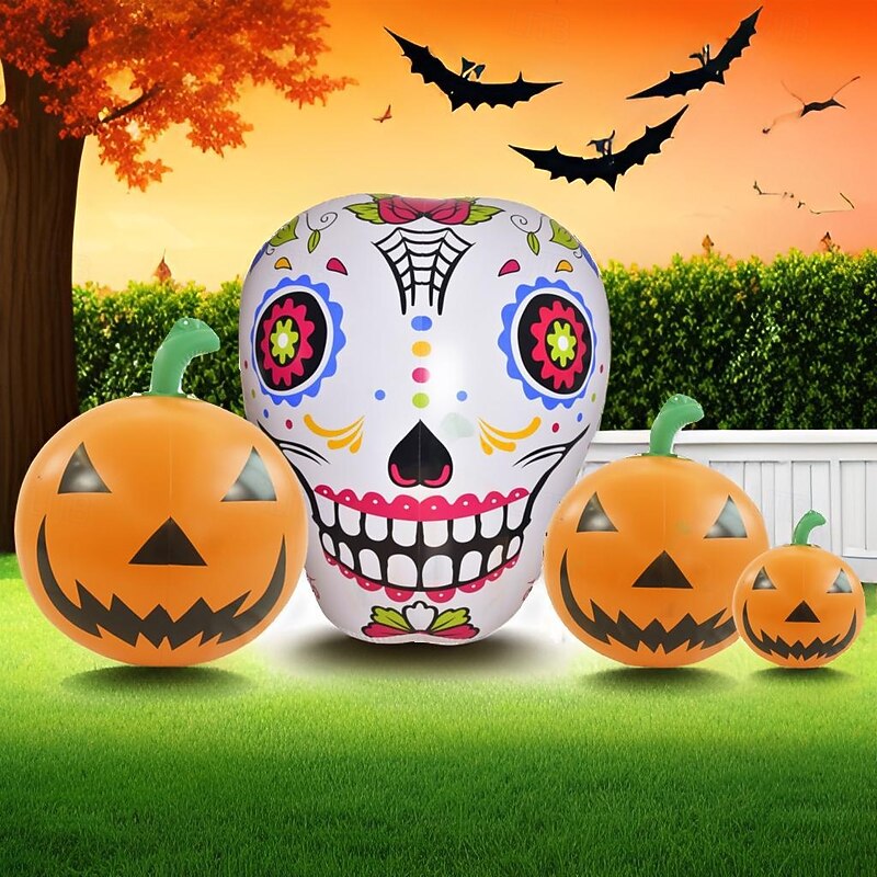 1 Pc 1.4M * 2.6M Halloween Waterproof LED RGB Luminous PVC Inflatable Skull Pumpkin Air Model Indoor and Outdoor Courtyard Garden Lawn Party Halloween Festival Atmosphere Decorative Light AAA Battery2