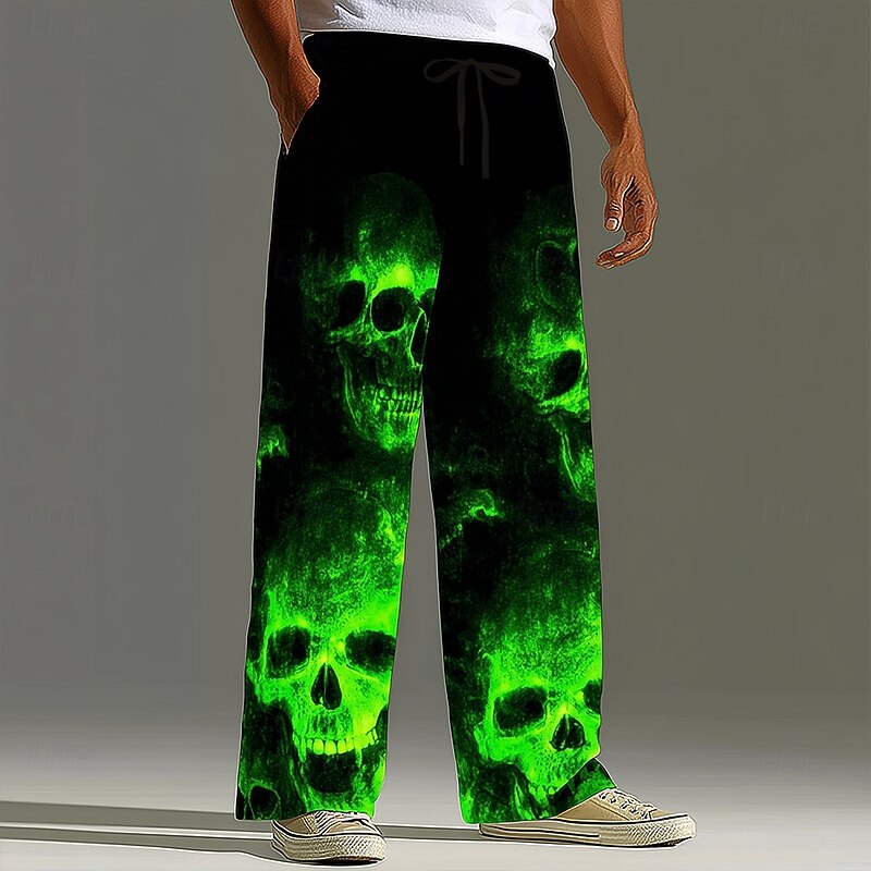 Halloween Men's Halloween Costumes Skulls Trousers Baggy Pants Casual Pants Mid Waist Dark Punk Gothic Style Holiday Elastic Drawstring Waist Linen-Like Pants with Pockets Spring Fall 3D Print Black