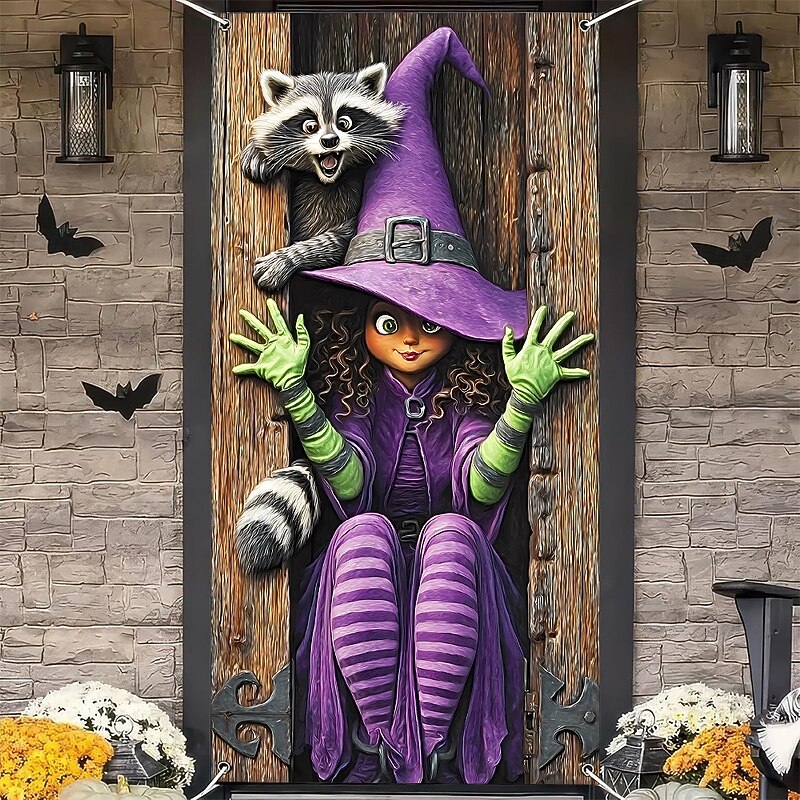 Halloween Door Cover Outdoor Banners Witch Psychedelic Dark Punk Gothic Style Party Outdoor Shooting Backgrounds Front Door Wall Porch Home Decor