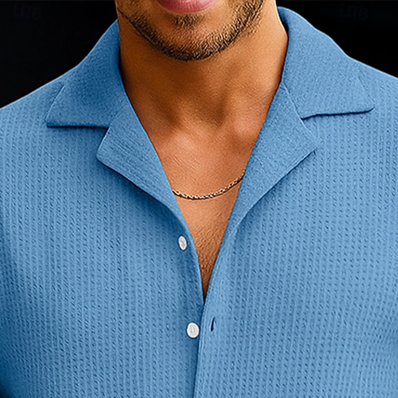 Men's Summer Shirt Button Down Shirt Casual Shirt Collared Shirt Waffle Knit Shirt White Yellow Red Blue Short Sleeve Plain Textured Notch Turndown Vacation Home Clothing Apparel Fashion Casual2