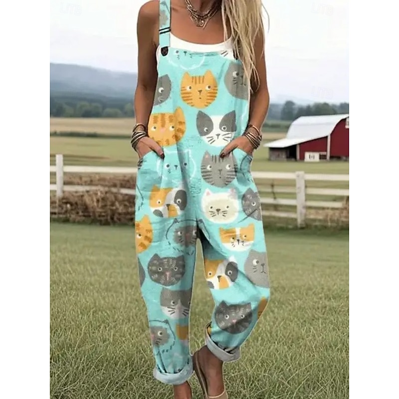 Women's Dungarees Active Floral Sleeveless Sleeveless Straight Square Neck Pocket with Pocket Vacation Daily Loose Fit White Pink Green Summer