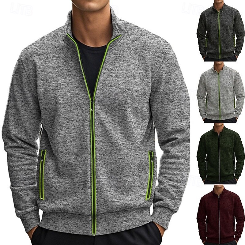 Men's Sweatshirt Fleece Sweatshirt Full Zip Sweatshirt Army Green Burgundy Light Grey Dark Gray Standing Collar Plain Zipper Sports & Outdoor Casual Daily Streetwear Cool Sportswear Fall & Winter