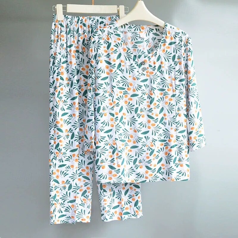 Women's Pajamas Fashion Basic Comfort Stripe Elastic Waist Shirt Pant Home Daily Bed Long Sleeve Crew Neck Light Green Red Blue Orange Green Spring4