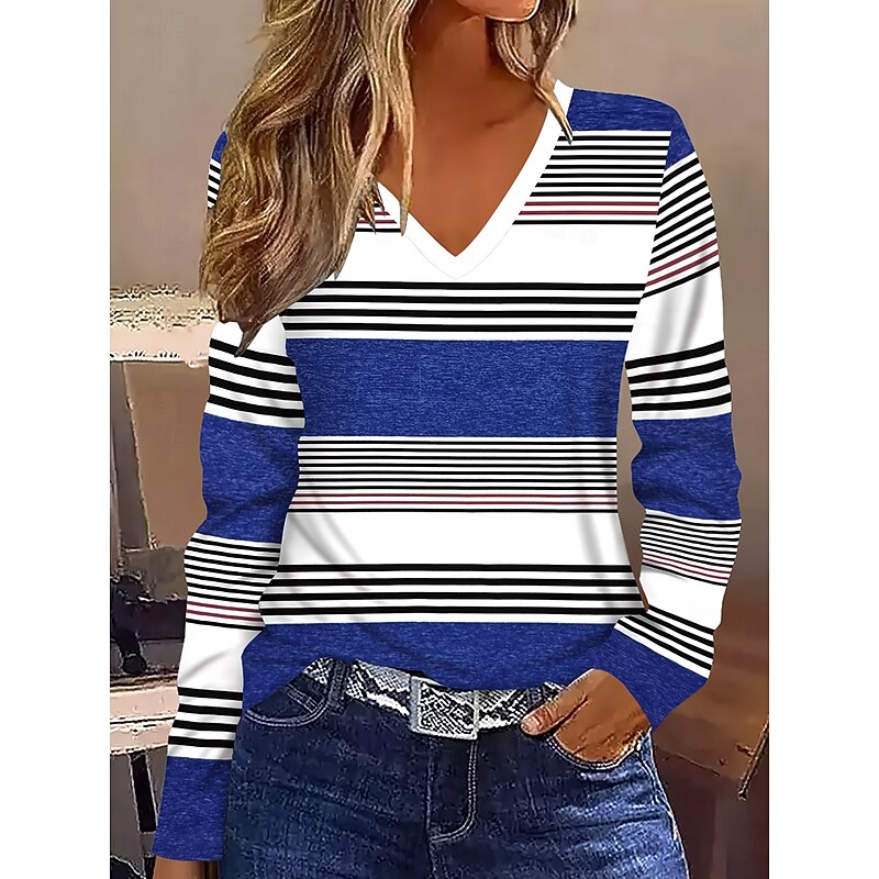 Women's T shirt Long Sleeve Graphic Geometric Striped Vintage Stylish Classic Long Sleeve V Neck Regular Tops Daily Print Royal Blue Sky Blue Spring Fall Winter Prefall4