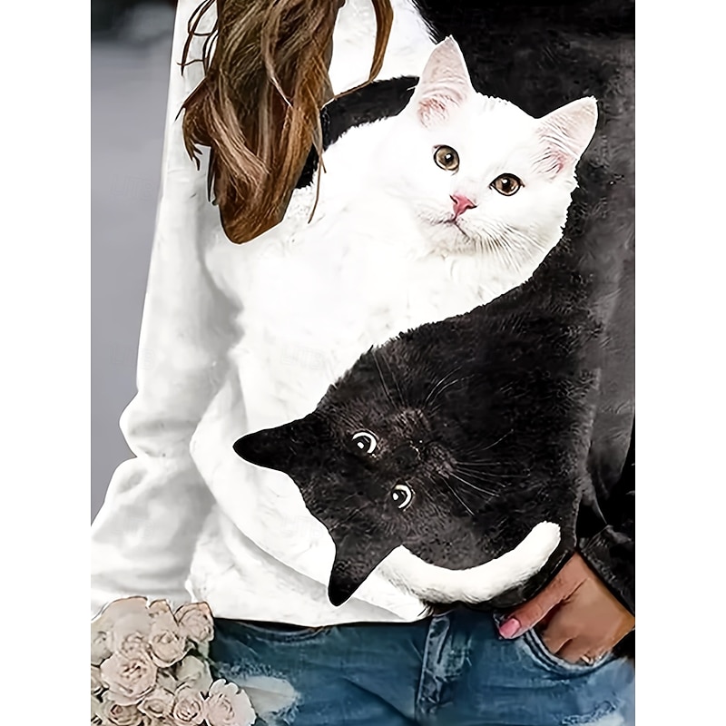 Women's T shirt Long Sleeve Graphic Animal Cat Vintage Stylish Classic Long Sleeve Crew Neck Round Neck Regular Tops Daily Print Black and White  Spring Fall Prefall3