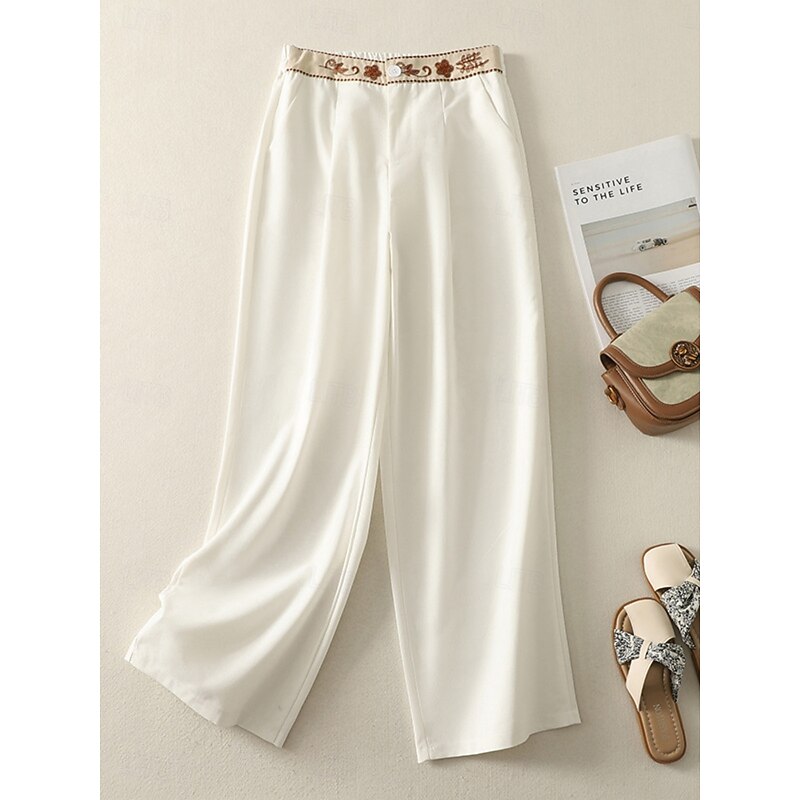 Women's Chinos Pants Trousers Vacation Vintage Fashion Full Length High Waist Floral Drawstring Embroidered Pocket Comfort Outdoor Stretchy Vacation Street Daily White Yellow Navy Blue Coffee Summer2