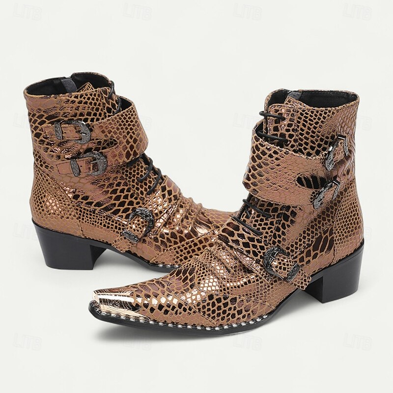 Men's Brown Snakeskin Ankle Boots with Rivet Details – Exotic Western-Inspired Cowhide Boots for Stage Performances, Parties and Fashion Shows2